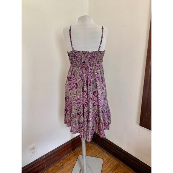 Indian VTG Silk Blend Paisley Floral Boho Sun Dress Flowing Fairy Bow Ruffle - Picture 4 of 14